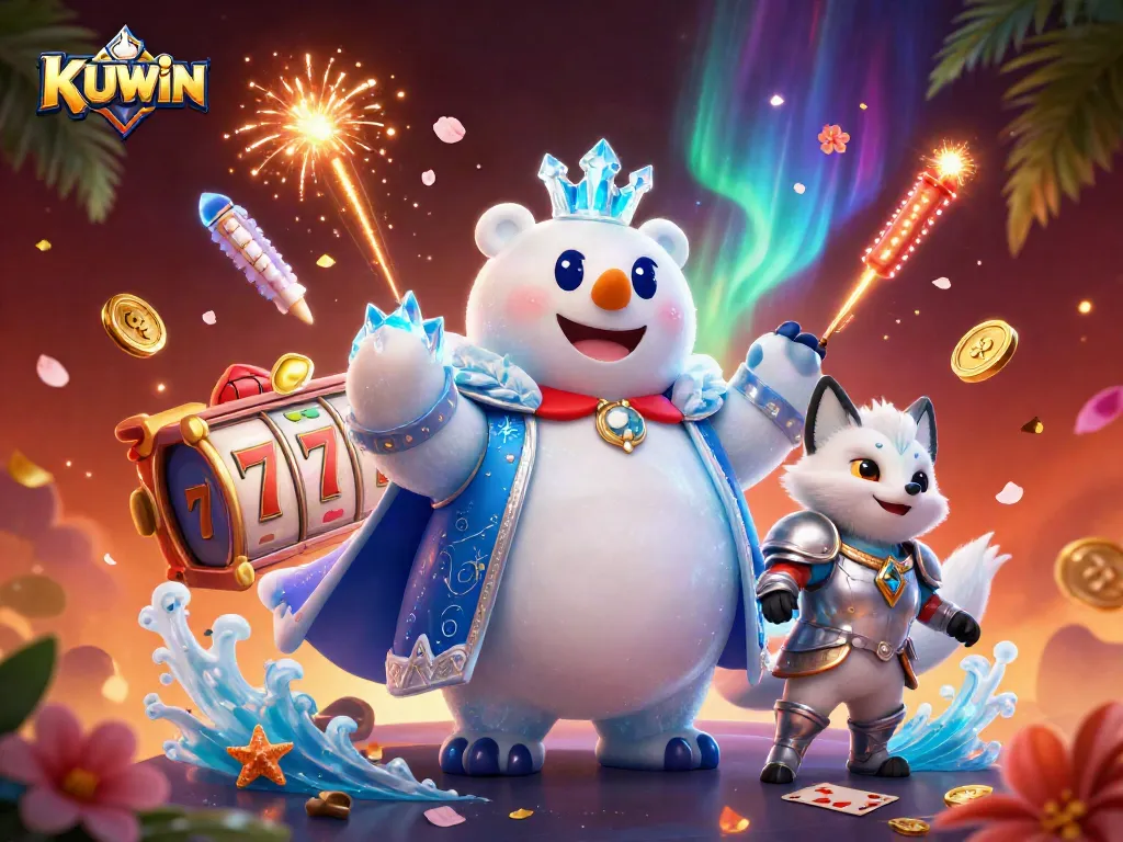 Experience the thrilling world of KUWIN with a 3D illustration showcasing casino elements like slot reels and festive coins.