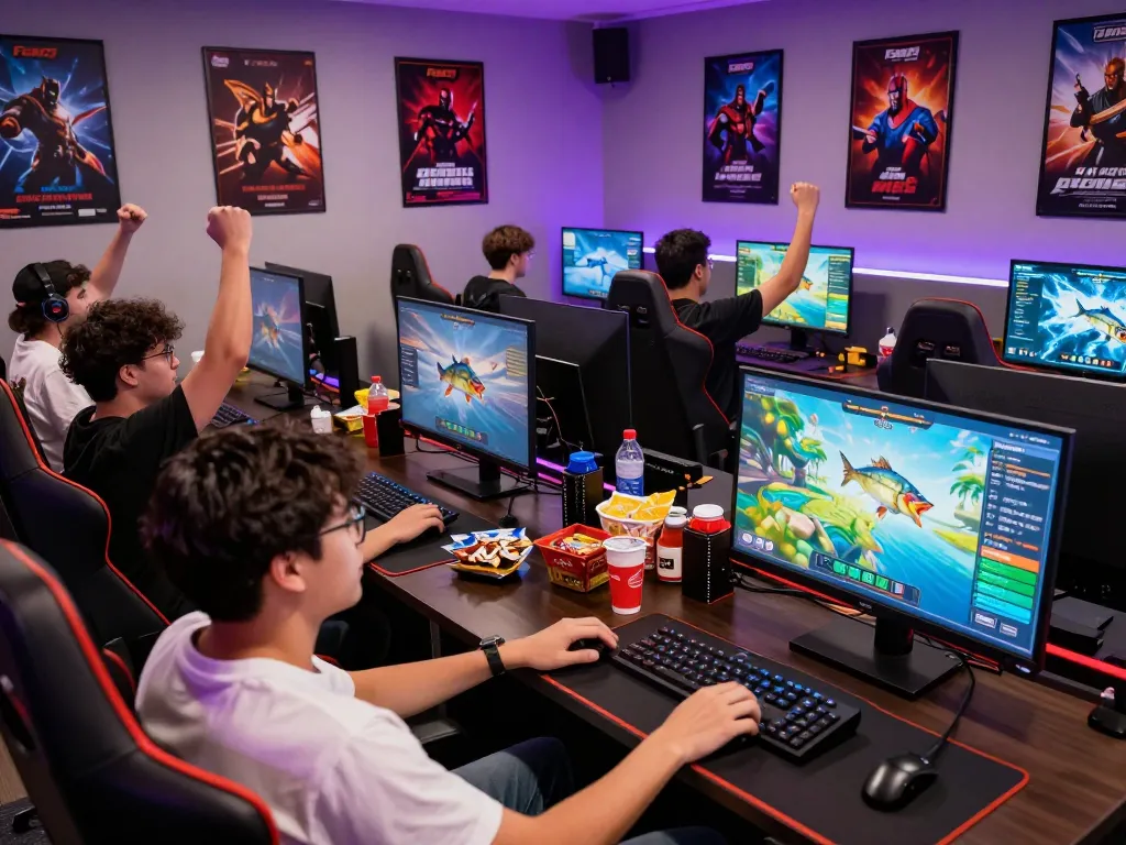 Energetic gaming environment featuring players enjoying Fun79 fishing games, vibrant graphics, and competitive atmosphere.