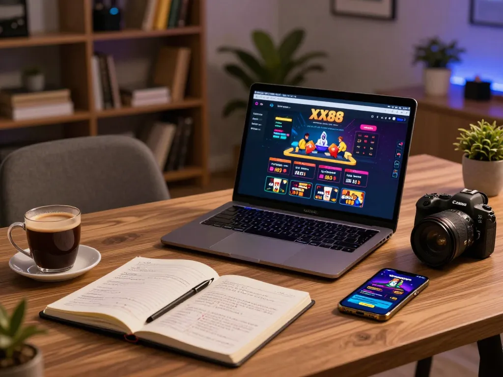 Engaging in online casino gaming with the XX88 interface on a modern setup, promoting responsible gambling.