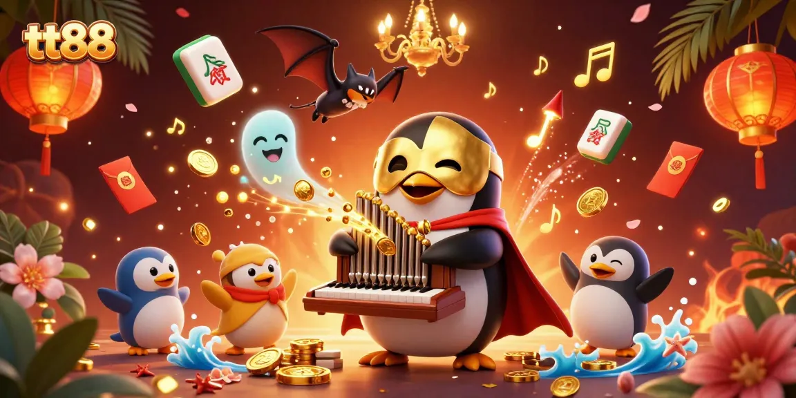 Experience thrilling gameplay at tt88 with a vibrant scene of a penguin playing a golden pipe organ amidst festive decorations.
