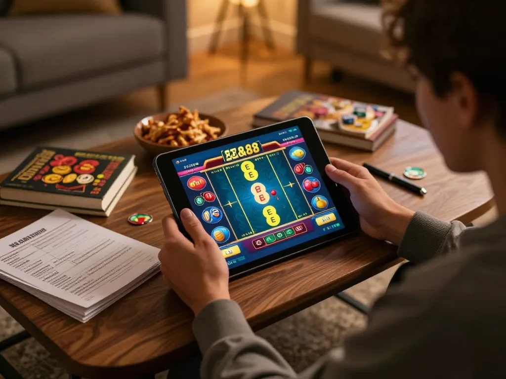 Player enjoying EE88 online casino experience on tablet at home, surrounded by strategy notes.