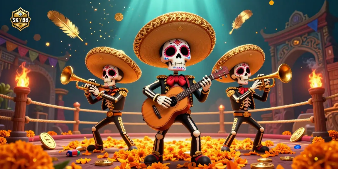 Engage in the thrilling world of SKY88 with a festive Day of the Dead mariachi scene celebrating colorful gambling.