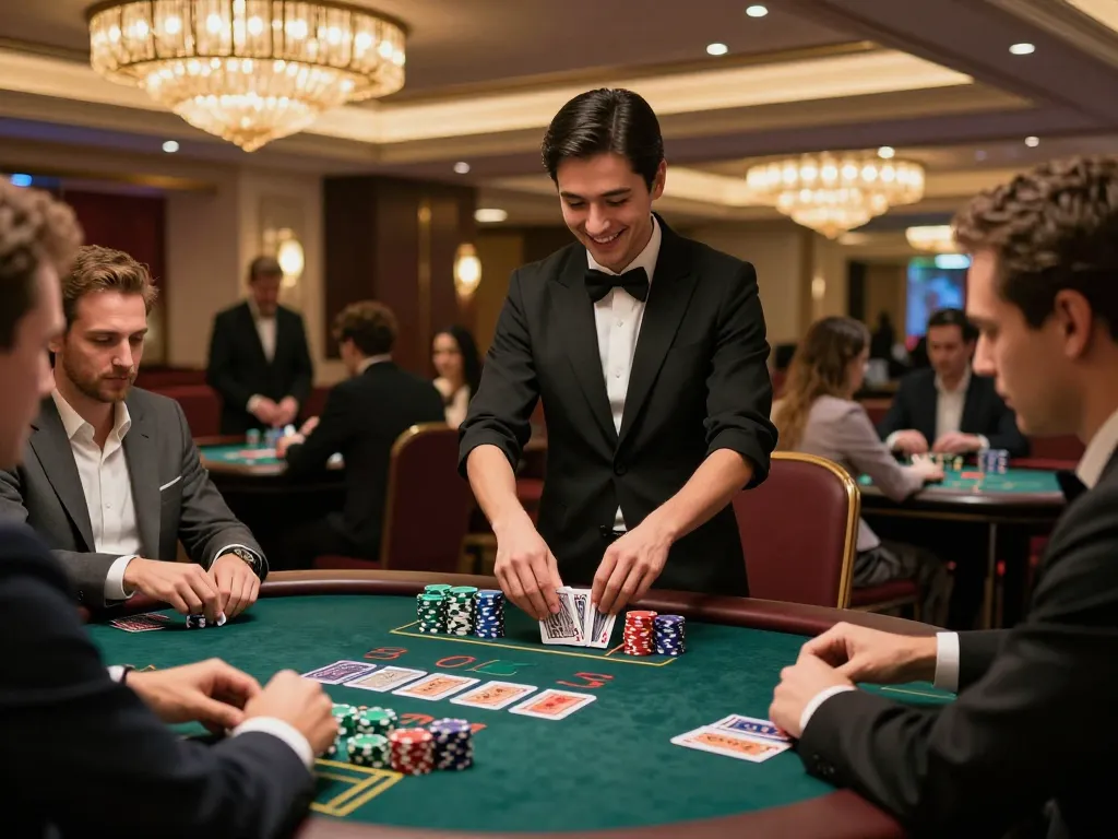 du88 players analyzing their hands during an intense blackjack game, rich atmosphere.