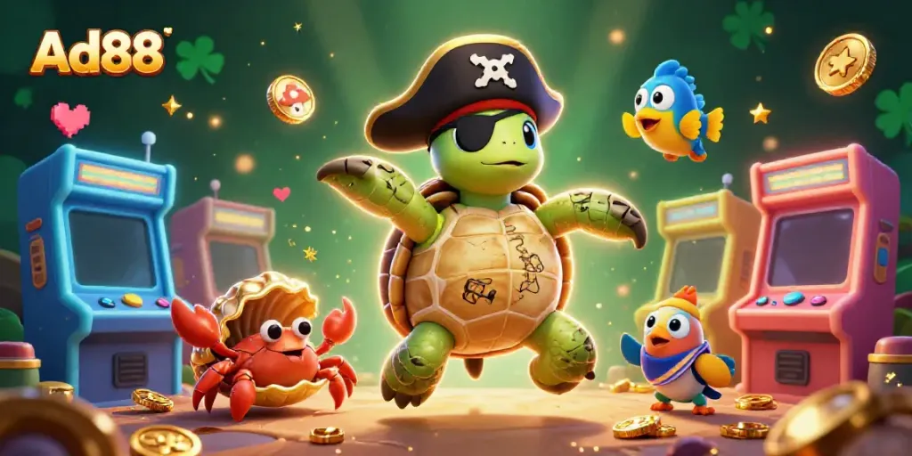 Experience exciting gameplay with Ad88, featuring a pirate turtle, crab, and fish amidst colorful gaming elements.