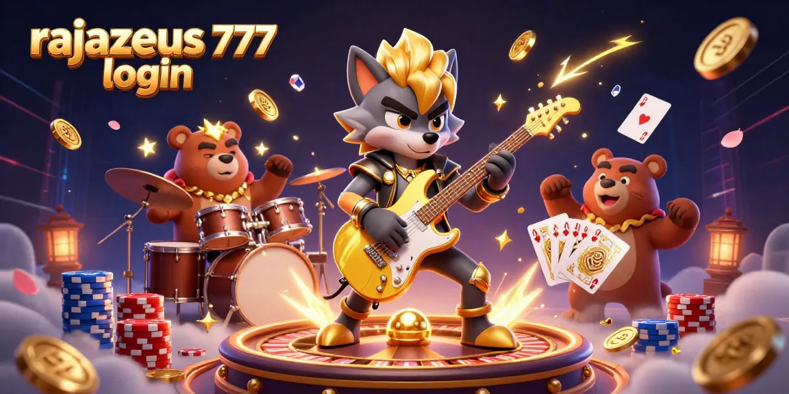 Engage with the excitement of rajazeus 777 login surrounded by golden coins, poker chips, and slot reels.