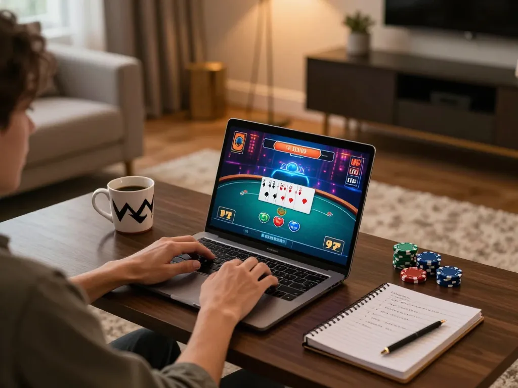 Engaging in online poker through a stylish setup, showcasing the 789 win gaming strategy.
