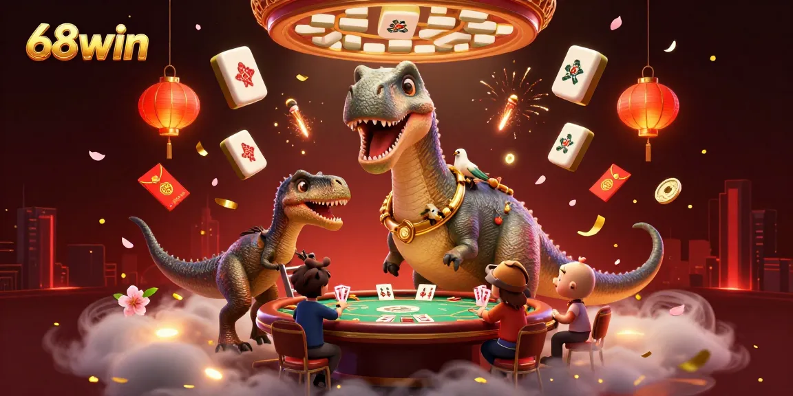 Experience the thrill of 68win with towering 3D dinosaurs and vibrant casino elements.