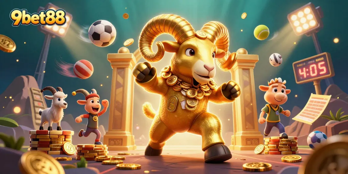 Experience thrilling gaming at 9bet88 with a vibrant 3D casino scene showcasing exciting sports themes and golden rewards.