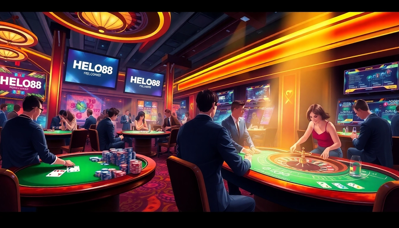 Exciting gaming scene featuring HELO88 logo, poker chips, and roulette wheel creating a luxurious atmosphere.