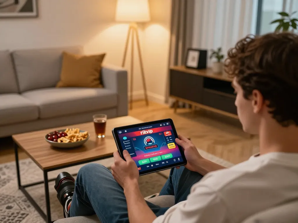 Player enjoying the rikvip casino app on a tablet in a comfy living room, mixing fun with strategy
