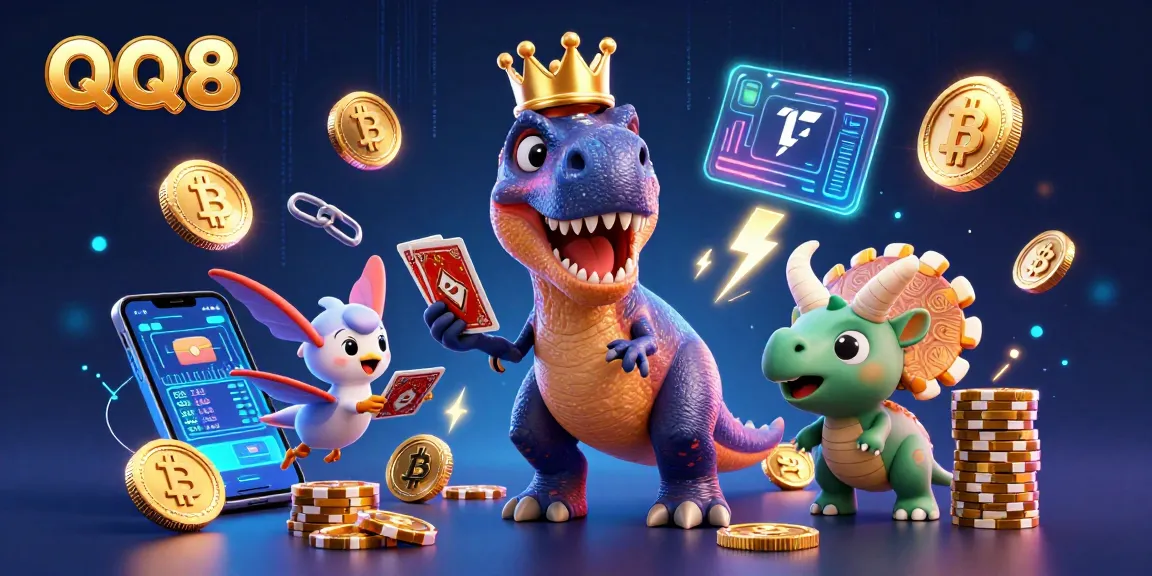 Experience thrilling casino action with QQ8 as T-Rex, pterodactyl, and triceratops play cards and stack chips.