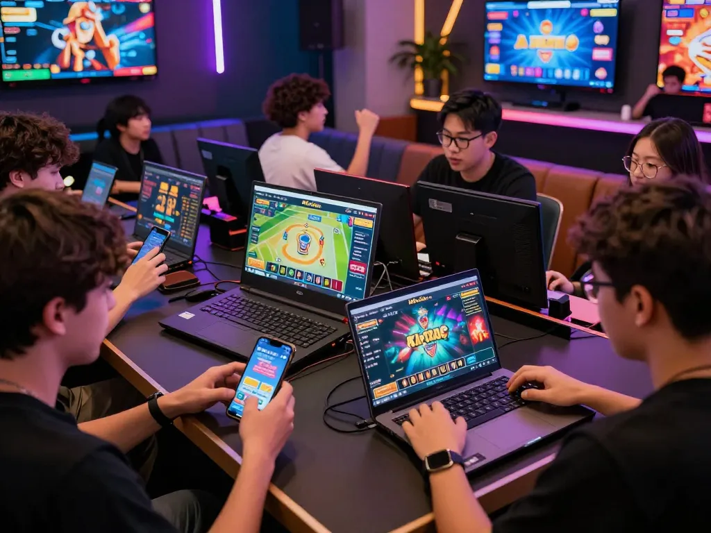 Exciting gaming tournament scene featuring players enjoying hitclub mới nhất on their devices in a vibrant gaming lounge.