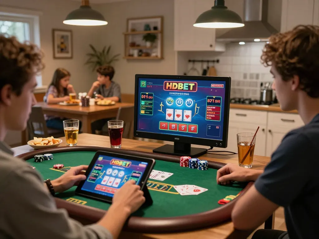 Player enjoying HDBET online casino games on tablet at home, showcasing engaging gameplay.