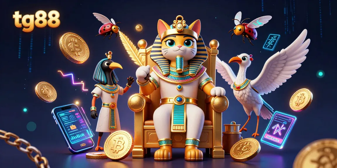 Experience the vibrant tg88 online casino adventure with a dynamic 3D Egyptian theme, featuring a pharaoh cat and crypto elements.