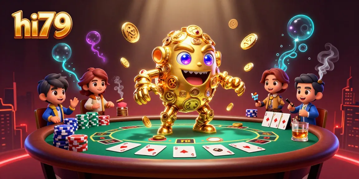 Engage in thrilling poker action with hi79, showcased by a dynamic 3D golden golem illustration.