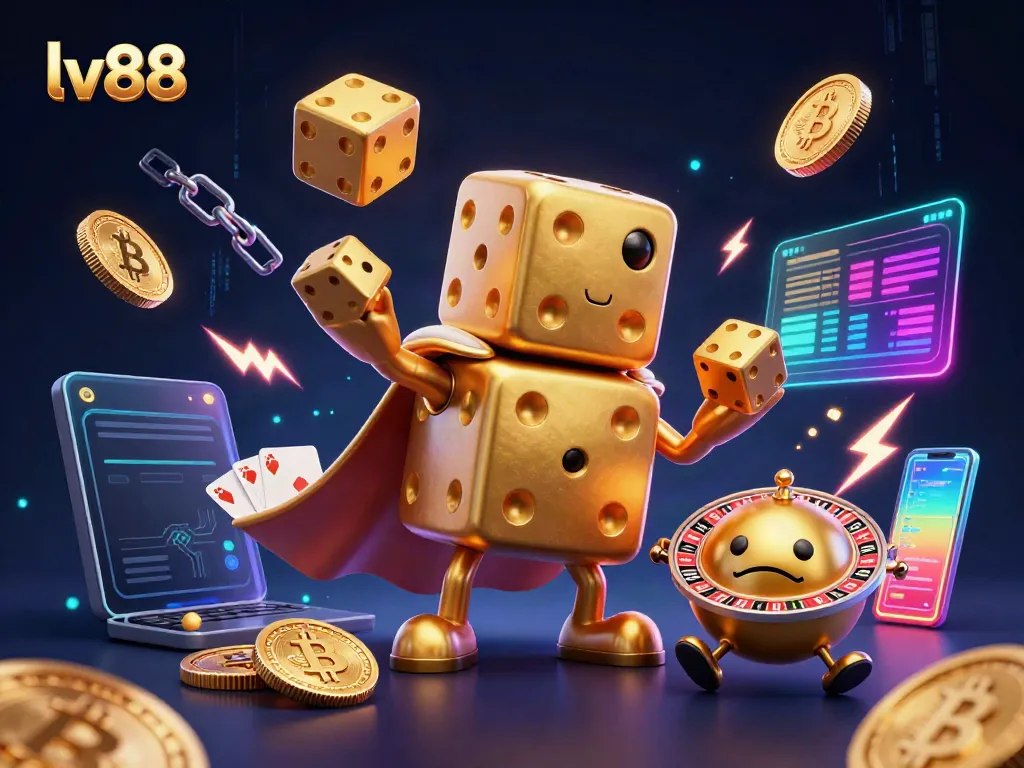 Experience exhilarating gaming with lv88's dynamic 3D casino illustration featuring vivid digital elements.