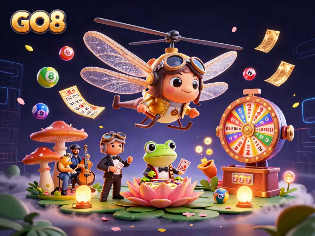 Experience GO8 casino thrills with a dragonfly pilot, frog croupier, and vibrant games coming alive!