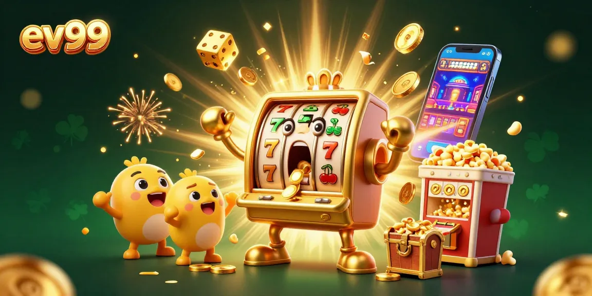 ev99 slot machine celebrates a jackpot, surrounded by colorful casino symbols and golden coins.