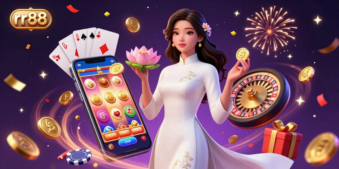 Experience thrilling gaming at rr88, featuring vibrant slot games and a serene character in a dazzling casino scene.