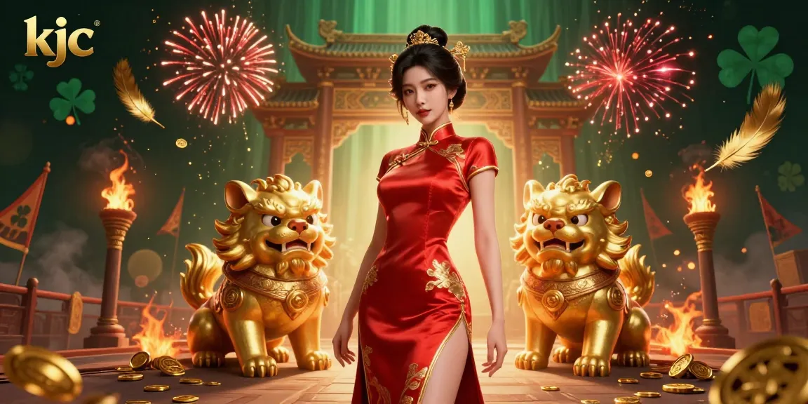 KJC offers thrilling online gaming experiences with a glamorous Asian woman surrounded by dynamic casino elements.