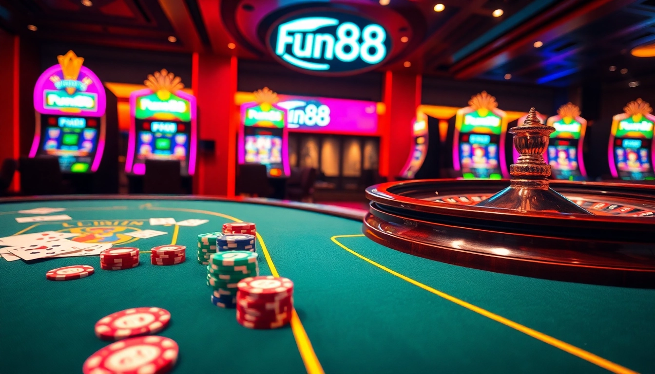 Fun88 casino scene with poker chips and a roulette wheel inviting players to join the action.