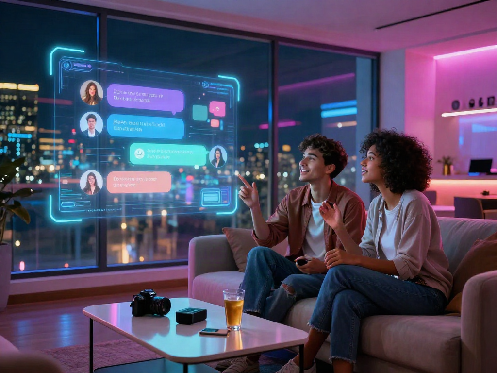 Engaging scene with couple using AI chat porn interface in a vibrant lounge setting.