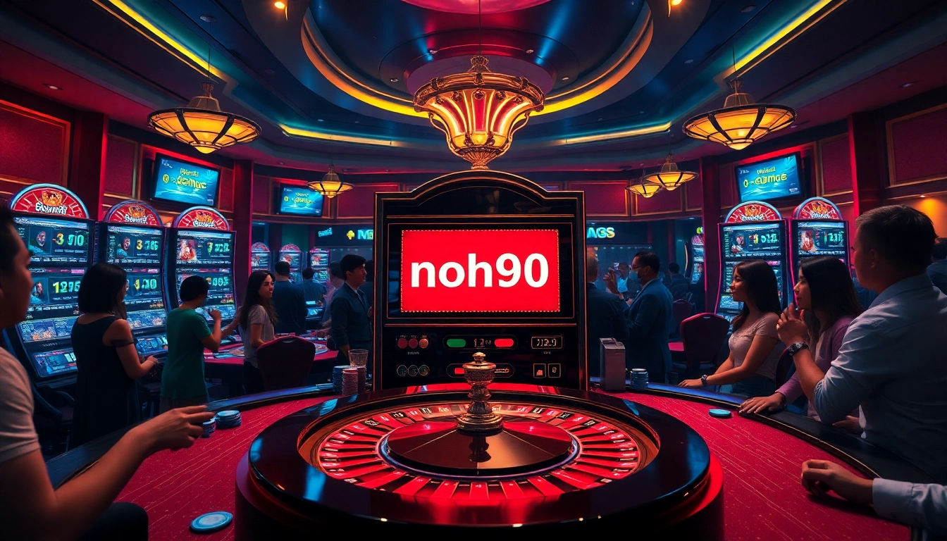 Nohu90 slot machine display attracting enthusiastic players in a luxurious casino setting.