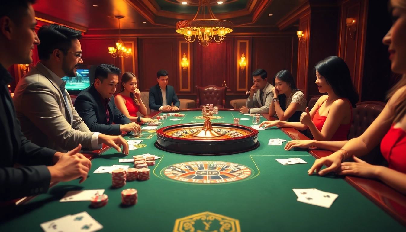 Experience the thrill of gambling at nhà cái da88 with vibrant casino gaming tables and eager players.