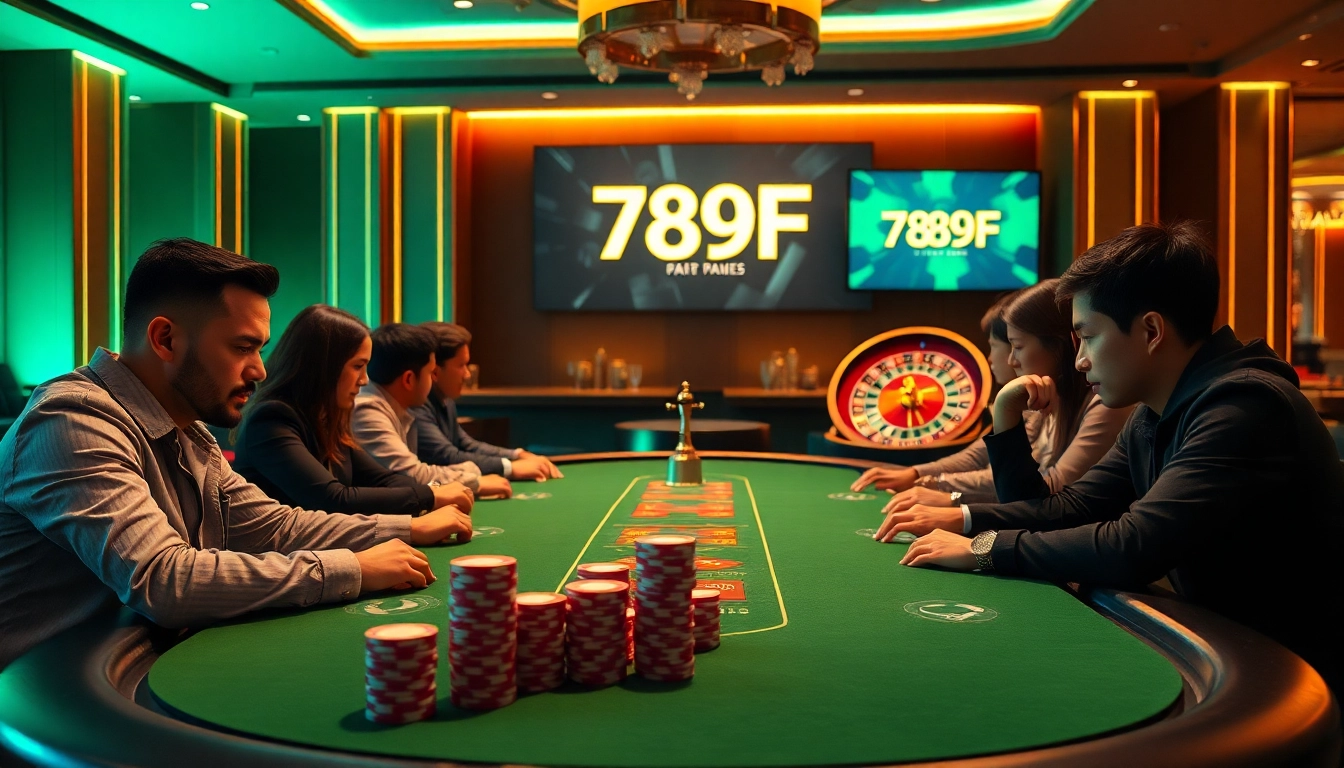 Players strategizing at a poker table in a luxurious casino environment, highlighting action at 789F.