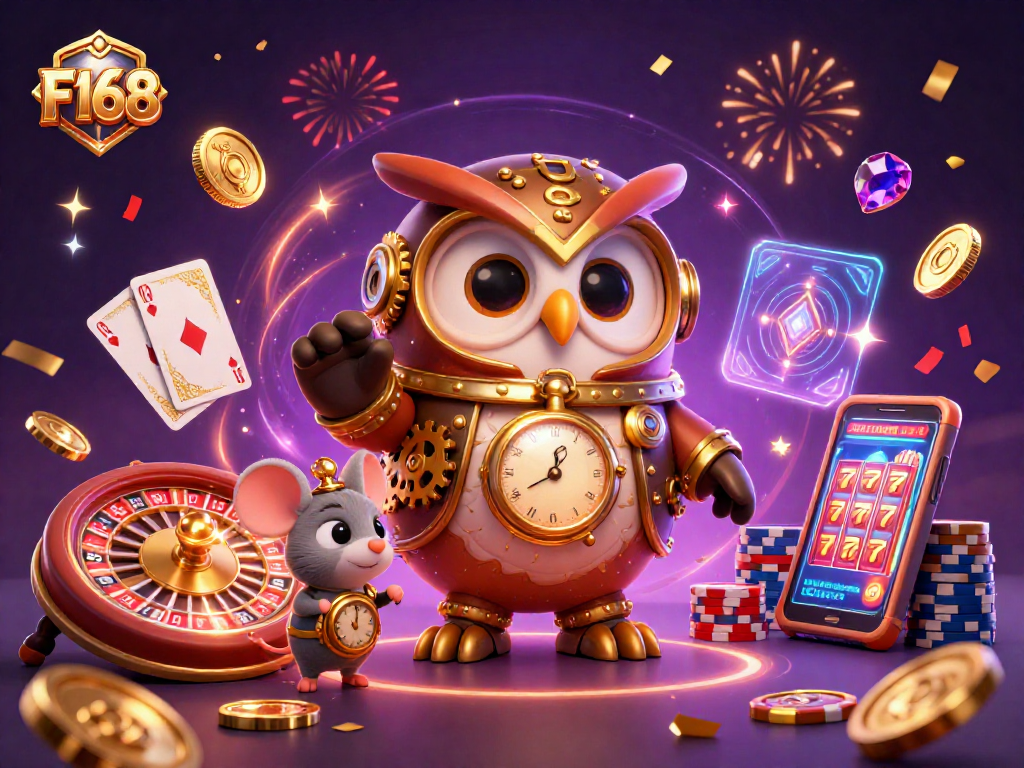 Experience thrilling moments at F168, where time-traveling characters explore a vibrant casino scene filled with gaming elements.