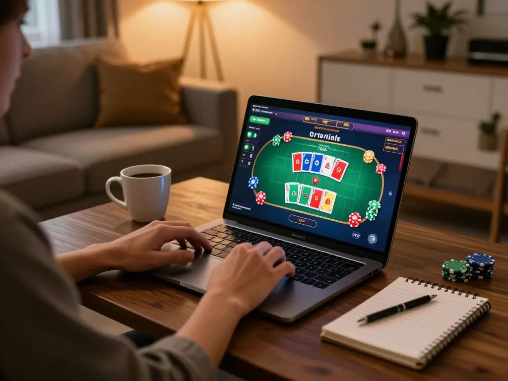 iwin club online casino gaming setup with player engaged on laptop in cozy home.