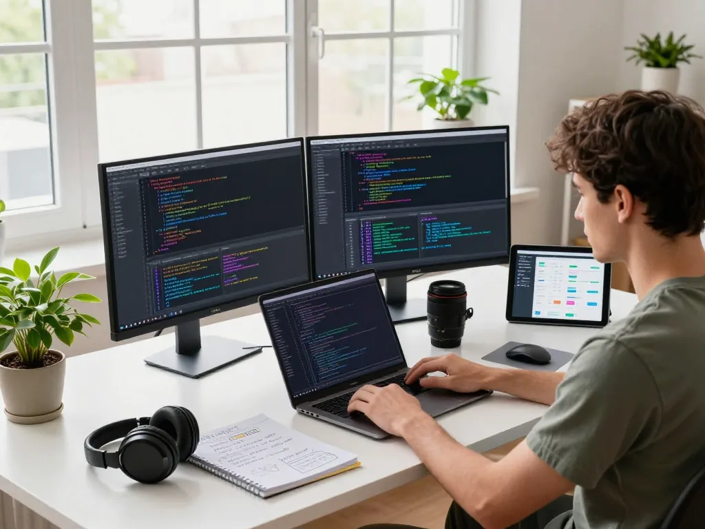 Molt bot in action at a tech workspace with vibrant coding screens and a developer in focus.