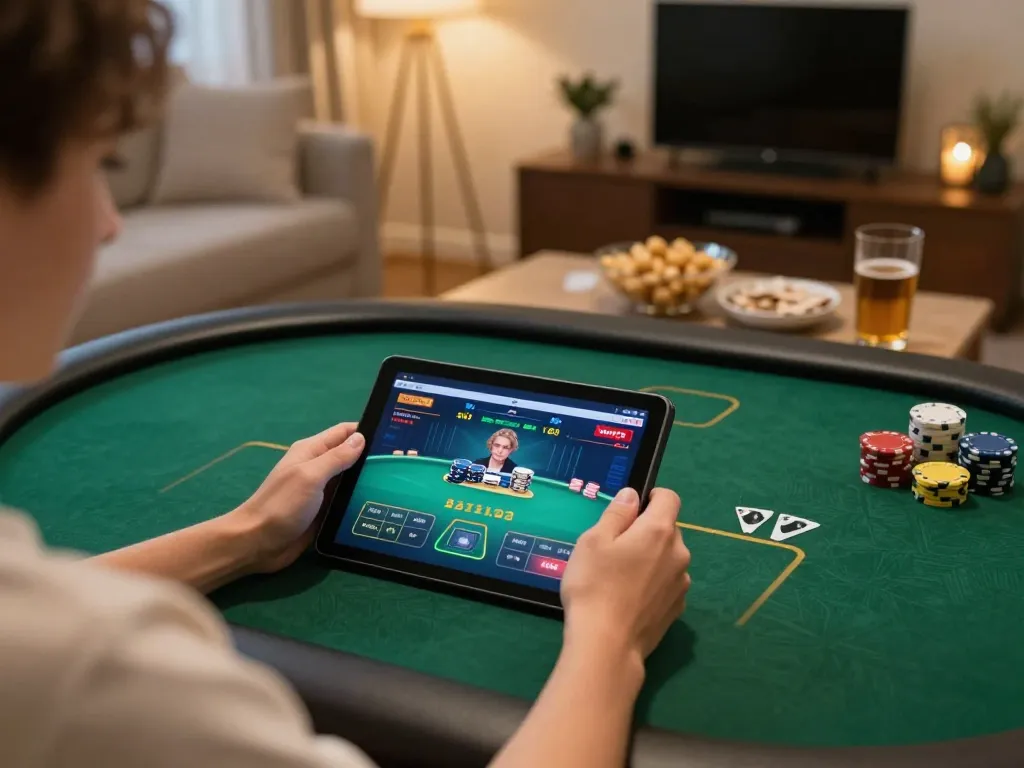 Player strategizing on 789Club mobile app at home, showcasing intense poker gameplay