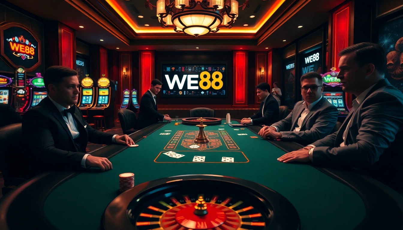 Players enjoying a vibrant poker game at WE88 casino amidst a luxurious atmosphere.