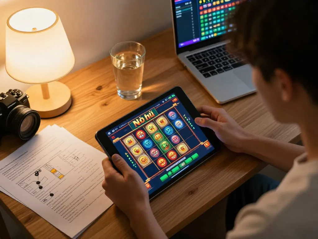 Nổ hũ gameplay on tablet in a cozy home setting, highlighting strategic play.