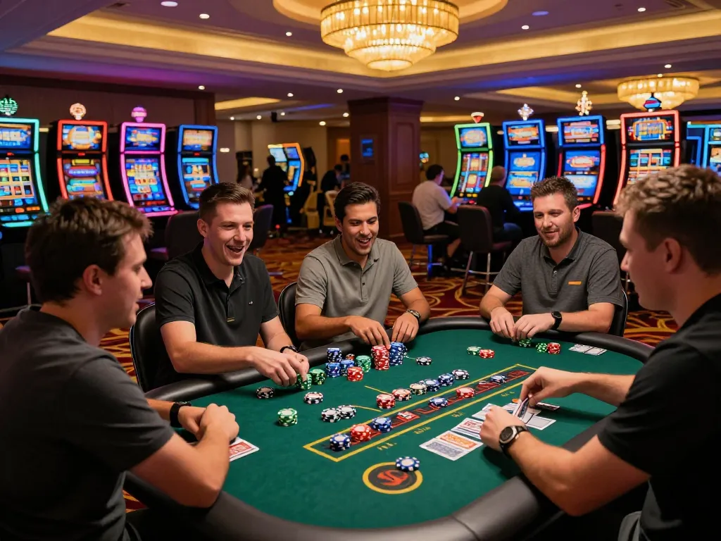 Players enjoying gem88 games in a vibrant casino atmosphere with colorful chips and illuminated slot machines.