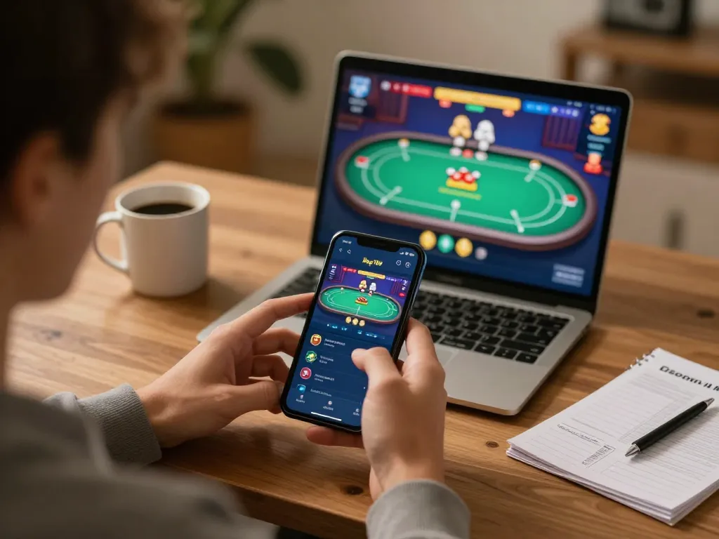 Player engages with Bay789 app for an online casino experience in a cozy home setting.