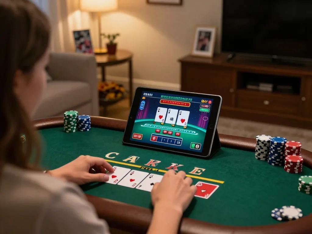 Player enjoying an exciting online blackjack game at home with 789BET tablet interface.