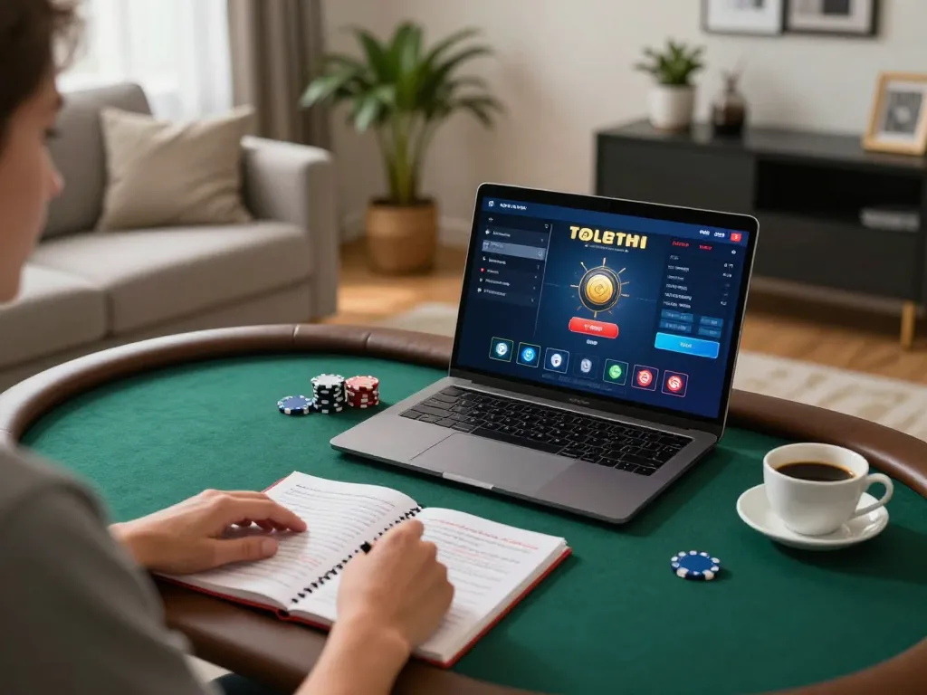 Pucuk138 player strategizing during an online poker game in a cozy home setting, showcasing thoughtful engagement and responsible gaming.
