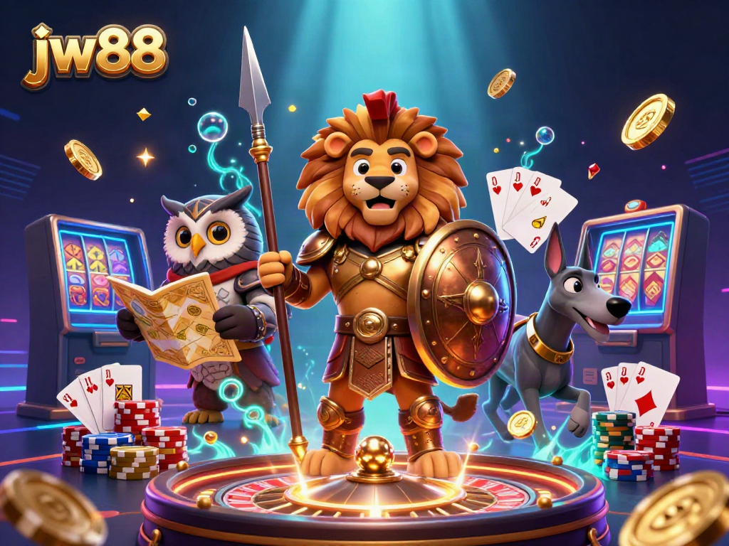 Experience the thrill of JW88 with a dynamic casino scene featuring a Spartan lion, tactical owl, and swift greyhound.
