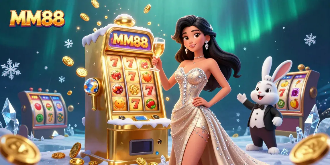 Spin the jackpot with MM88's dynamic slot scene featuring a glamorous character and lively elements.