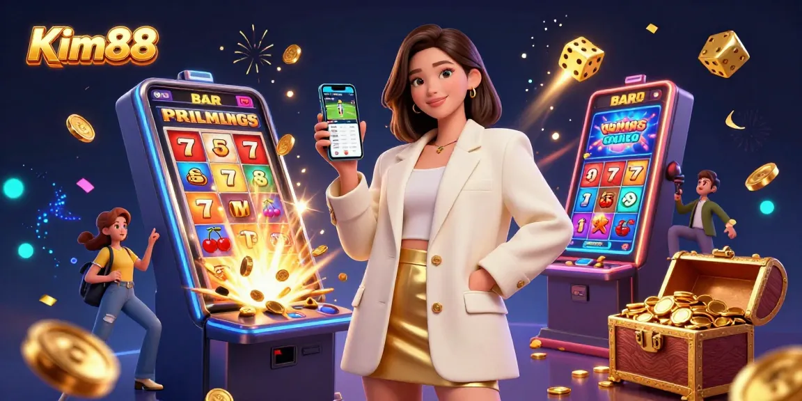 Experience the thrill of Kim88 with an engaging sports betting scene featuring vibrant slot machines and gaming elements.