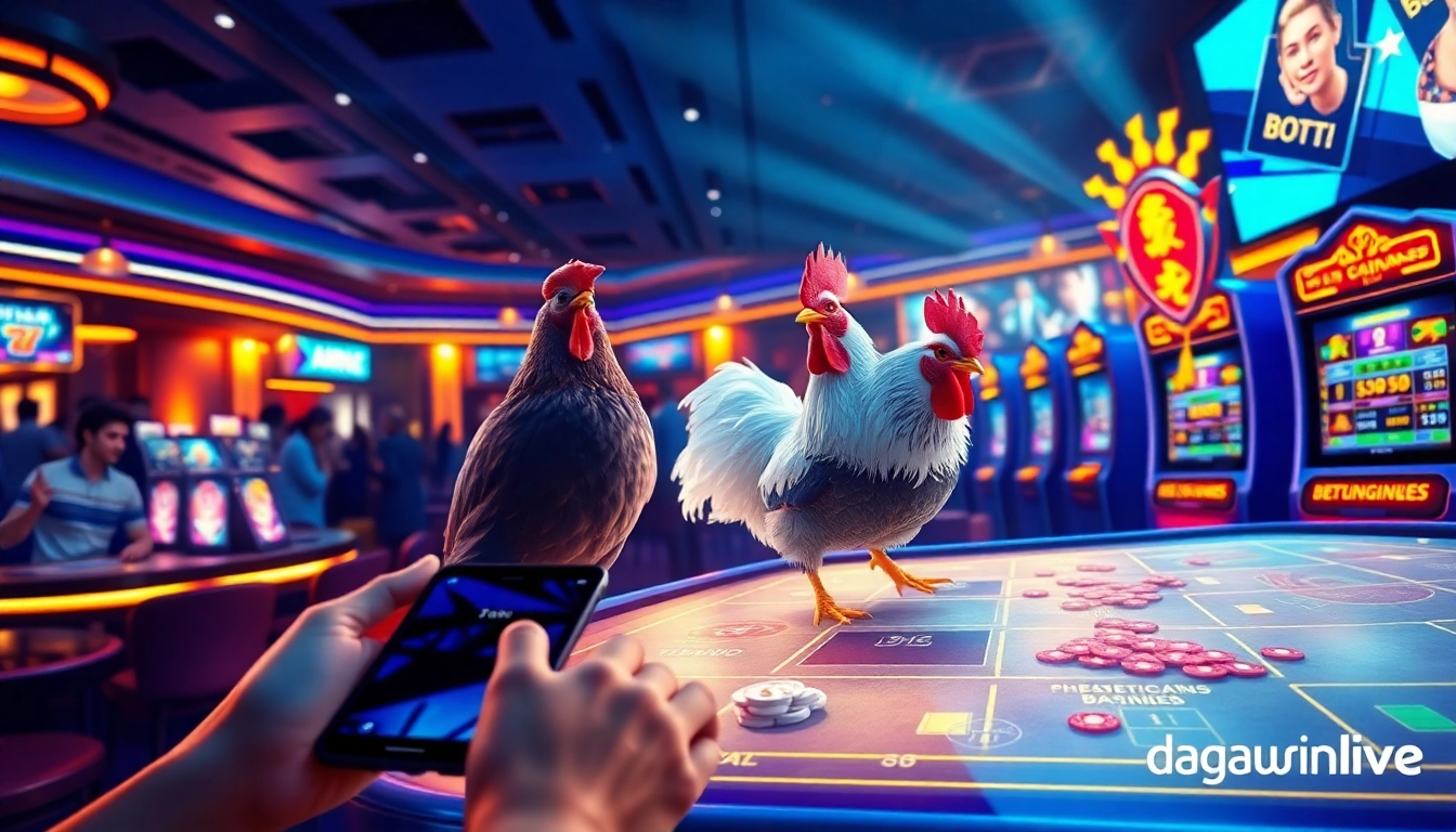 Engaging scene of live cockfighting and casino games at dagawin.live with vibrant colors and excited players.