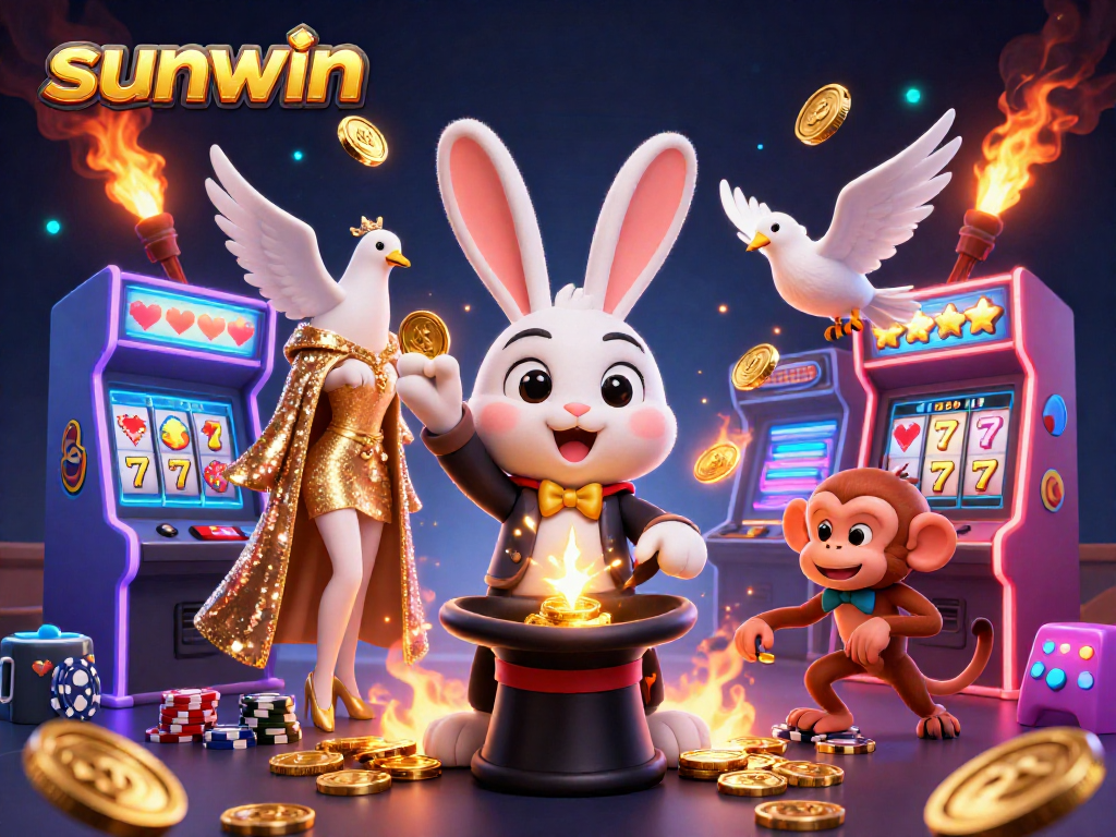 Win big with sunwin while a whimsical magician pulls golden coins in this exciting casino scene.