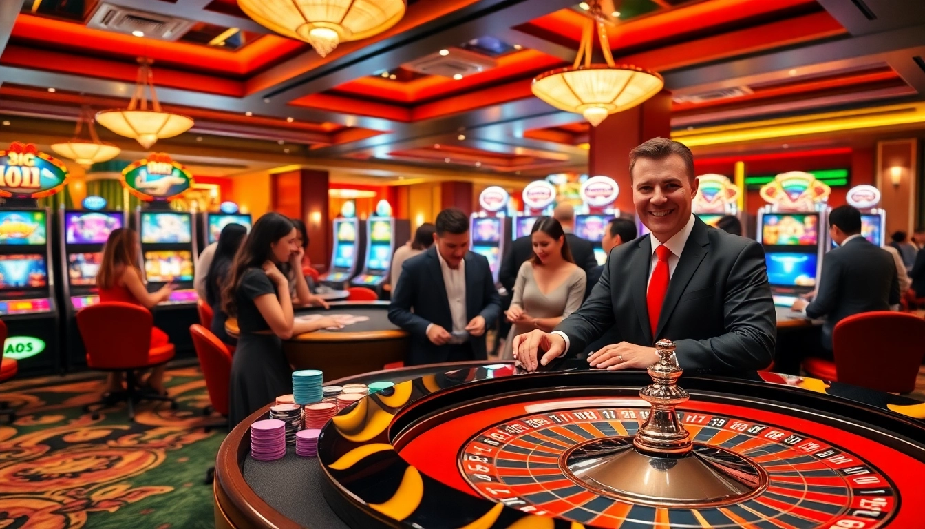 RR88 casino players placing bets at a roulette table in a vibrant, luxurious setting.