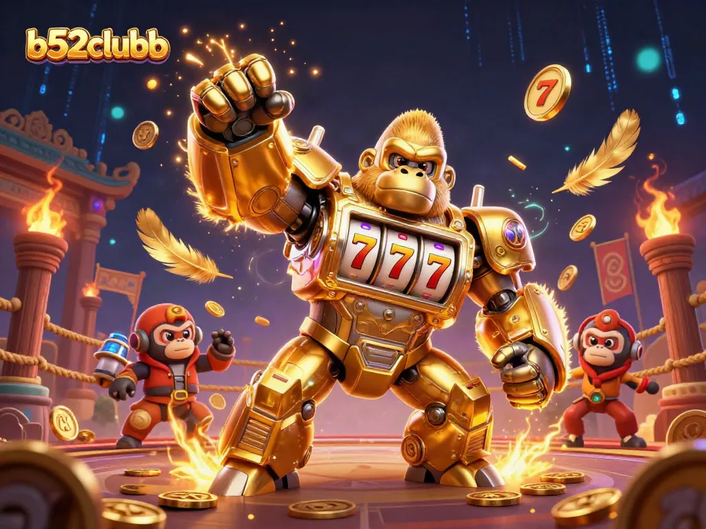 Bettors experience jackpot excitement with b52clubb's vibrant golden gorilla mech and swirling casino elements.