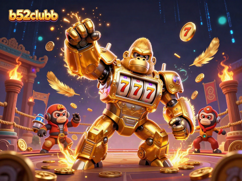 Bettors experience jackpot excitement with b52clubb's vibrant golden gorilla mech and swirling casino elements.