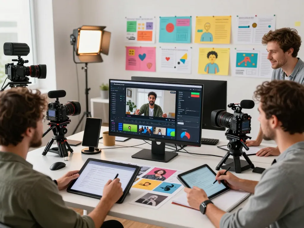 Creative team using seedance 2.0 ai for video production in modern studio