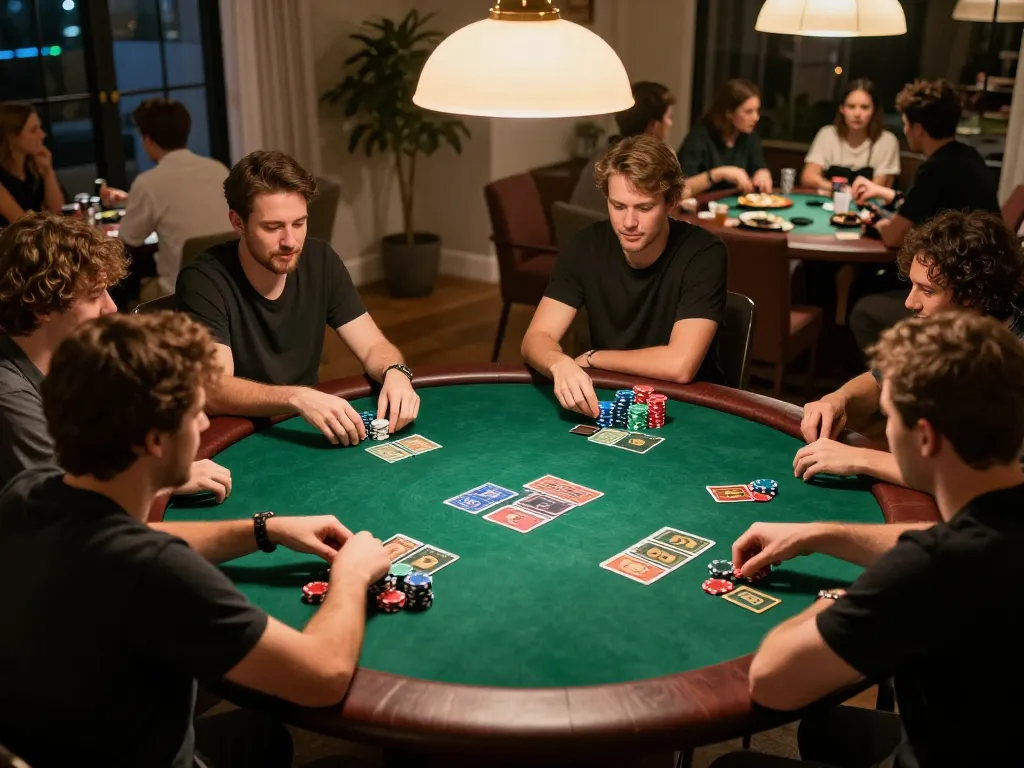 Engaging Texas Hold'em game night with players at a round table, showcasing poker action at com.