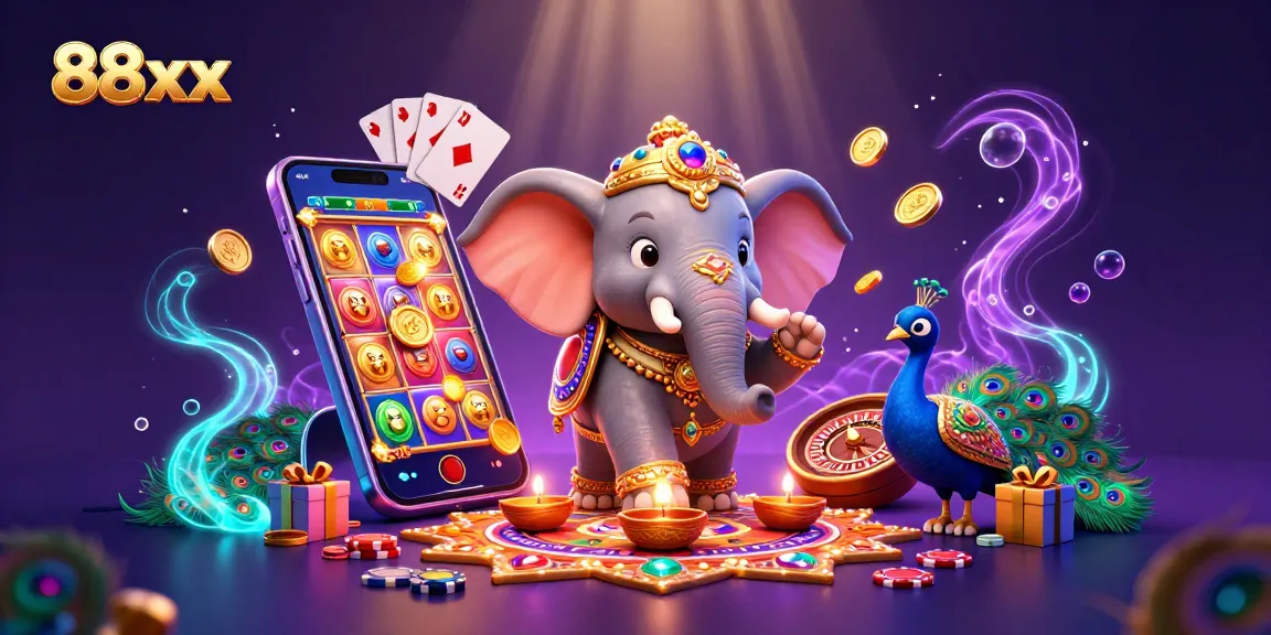 Experience the excitement of 88xx with a colorful digital casino scene featuring a lively elephant and casino elements.